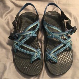Blue & Green Chaco sandals with toe straps